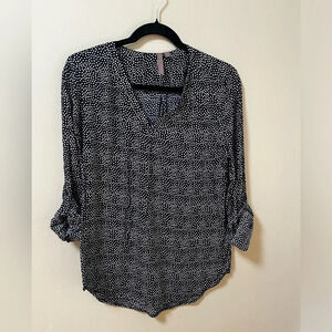 Brina & Em long sleeve navy polka dot Work Blouse size M